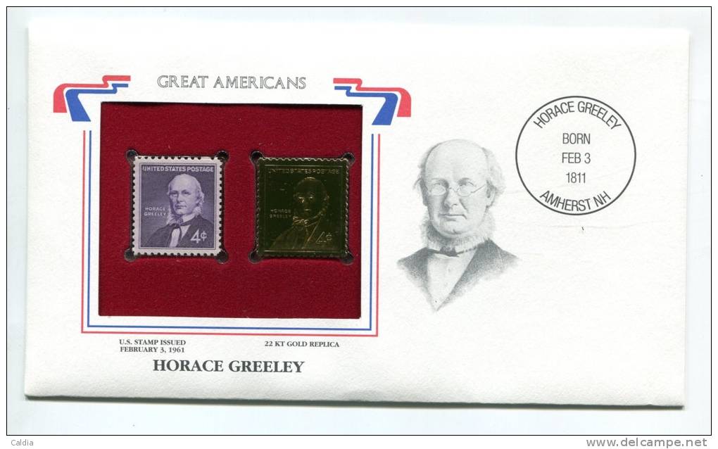 C Great Americans "" Horace Greeley """ Gold Stamp Replica 1961 FDC/bu/UNC - Sonstige & Ohne Zuordnung