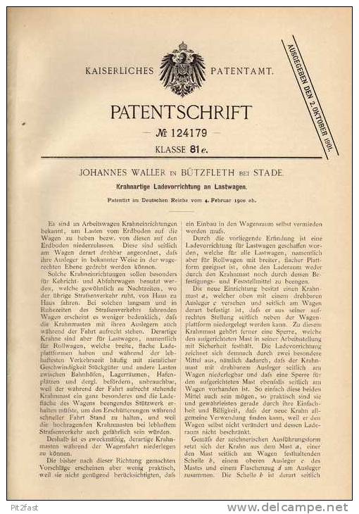 Original Patentschrift - J. Waller In Bützfleth B. Stade , 1900 , Kran Für Lastwagen !!! - Camions