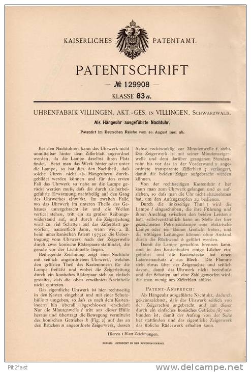 Original Patentschrift - Uhrenfabrik AG In Villingen , 1901 , Hängeuhr Als Nachtuhr , Kuckucksuhr !!! - Autres & Non Classés