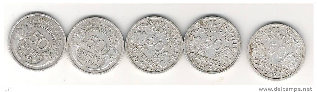 France, Lot De 5 Monnaie, 50 C Centimes Bazor ; Morlon: 1942 ,1943,1944, 1946, 1947 - 50 Centimes