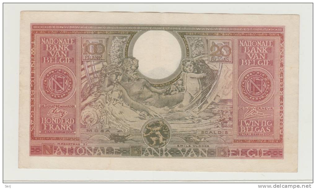 Belgium 100 Francs = 20 Belgas 1.2. 1943 (1944) VF++ AXF P 123 - 100 Francs & 100 Francs-20 Belgas