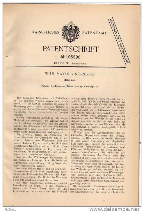 Original Patentschrift - W. Mayer In Nürnberg , 1898 , Kühlraum , Eisraum , Kühlschrank , Kühlhaus !!! - Architectuur