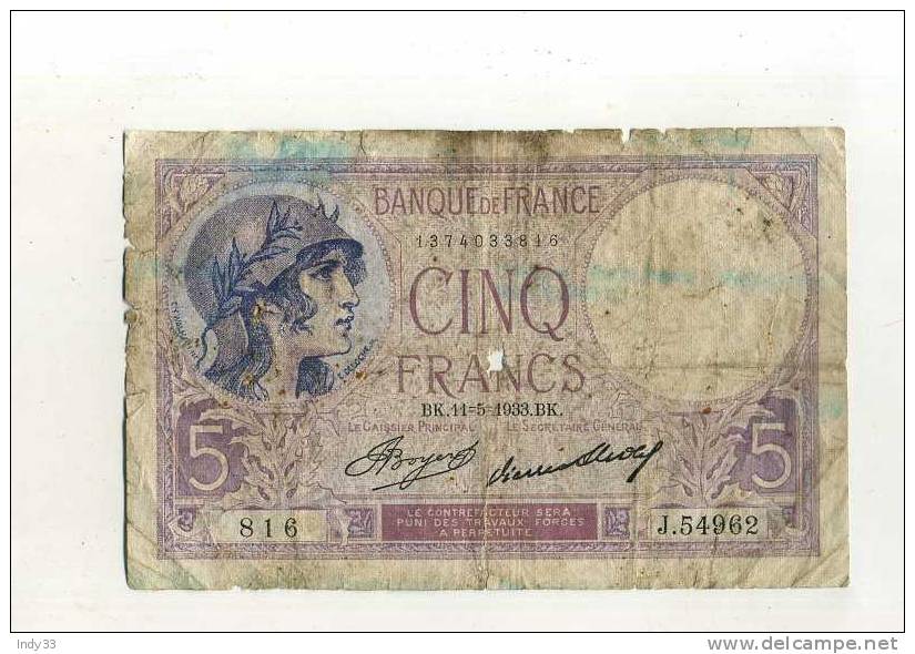 - FRANCE .5 F. 1933 . - 5 F 1917-1940 ''Violet''