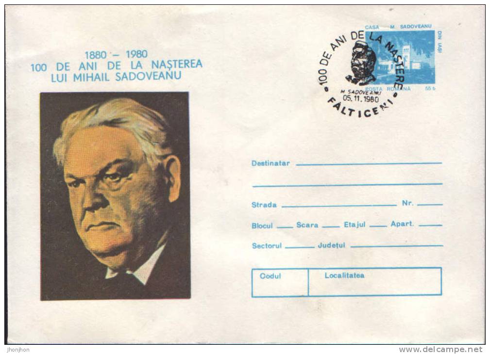 Romania-Postal Stationary Cover1980-Mihail Sadoveanu,writer-Grand Master Of United Romanian Freemasonry - Freimaurerei