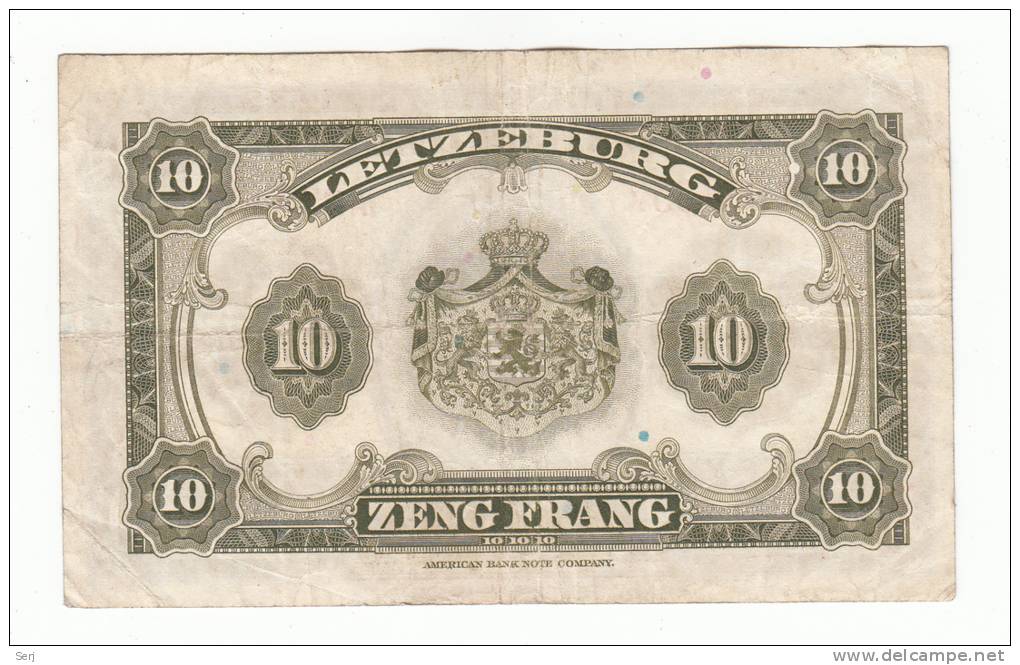 Luxembourg 10 Francs 1944 VF+ CRISP Banknote WWII P 44 - Luxembourg