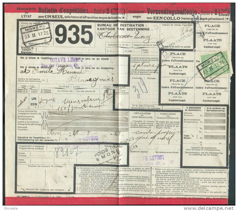 CP N°119 - 1Fr.60 Obl. Ferroviaire MONS N°4 S/Document Bulletin D´expédition Tarif N°2 Du 23-II-1923 Vers Blaregnies - C - Altri & Non Classificati