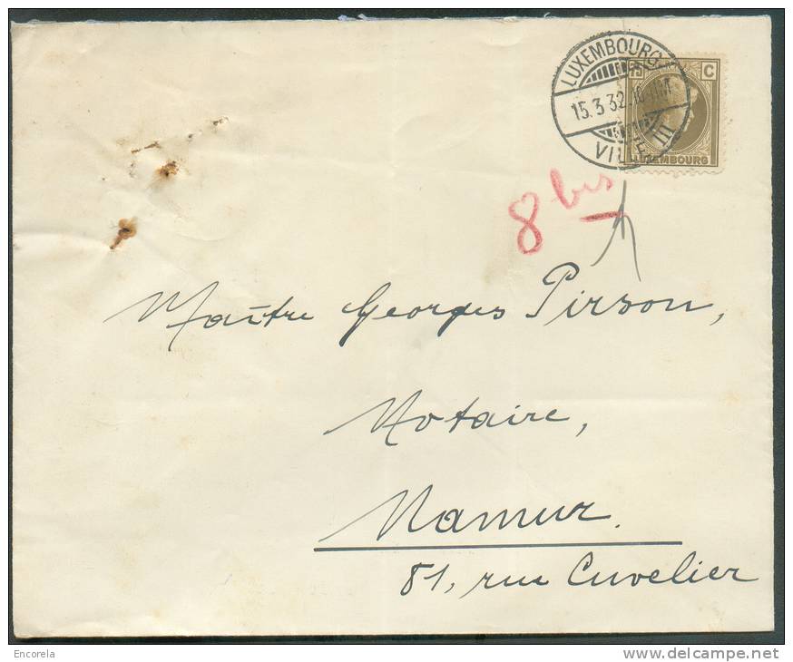 75 Centimes Obl. Dc LUXEMBOURG-VILLE  S/L. Du 15-3-1932 Vers Namur- 7801 - 1926-39 Charlotte Rechtsprofil