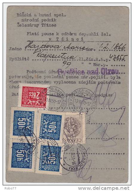 1951 Czechoslovakia Multifranked Parcel Card. Official Stamps. Bystrice Nad Olzou. Rare! (B06026) - Timbres De Service