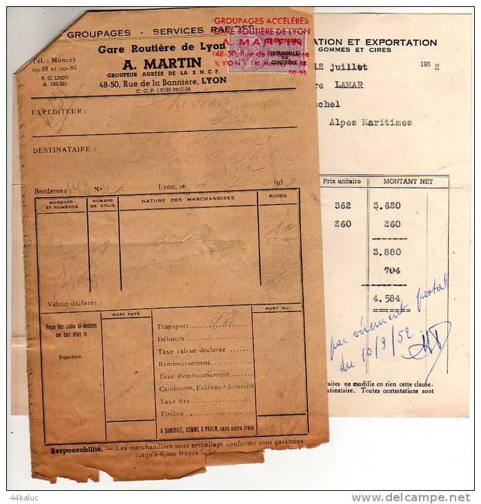 Facture Droguerie Du CHEVRON à LYON (Rhône) En 1952 Et Feuille Gare Routière De Lyon Avec Estampille - Drogisterij & Parfum