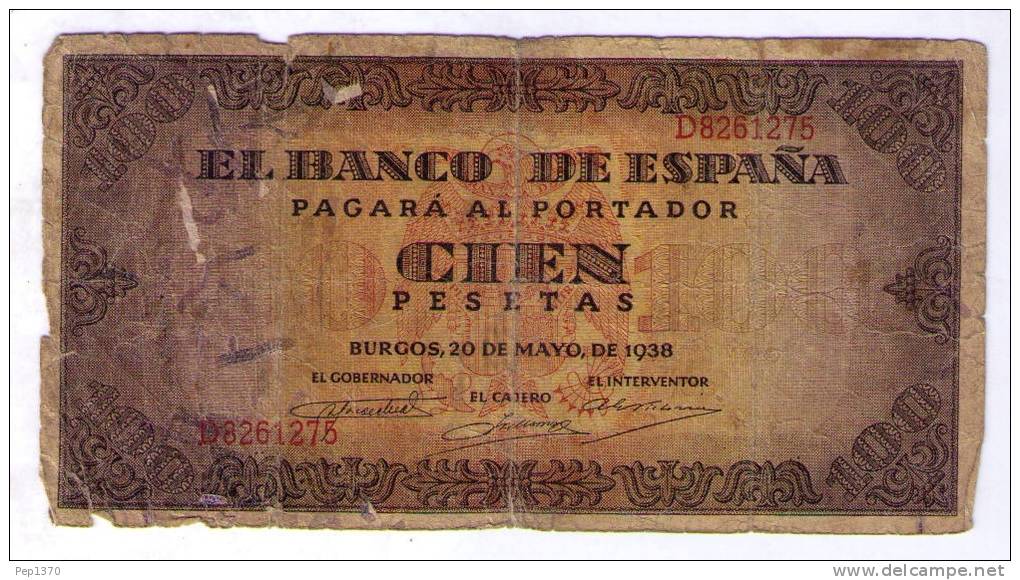 BILLETE DE 100 PESETAS DE 1938 - USADO - (BASTANTE USADO)(VER FOTO) - 100 Peseten