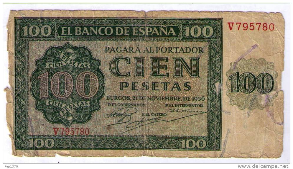 BILLETE DE 100 PESETAS DE 1936 - USADO - (BASTANTE USADO)(VER FOTO) - 100 Peseten