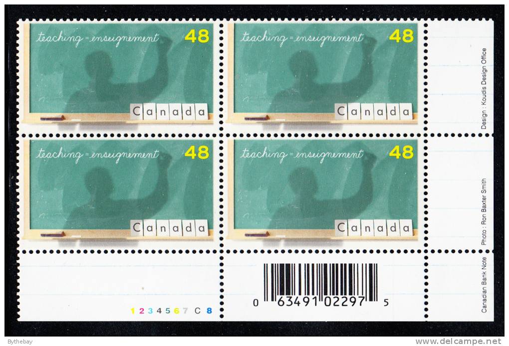 Canada MNH Scott #1961 Lower Right Plate Block 48c United Nations Teacher´s Day - With UPC Barcode - Plate Number & Inscriptions