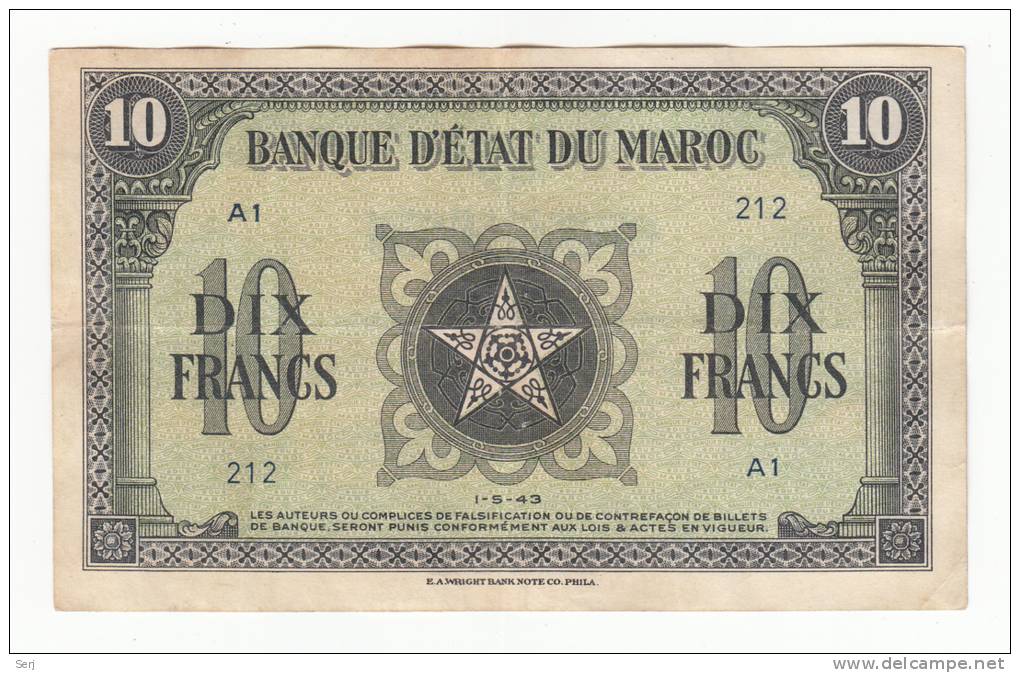 Morocco 10 Francs 1943 VF++ CRISP P 25 - Marokko