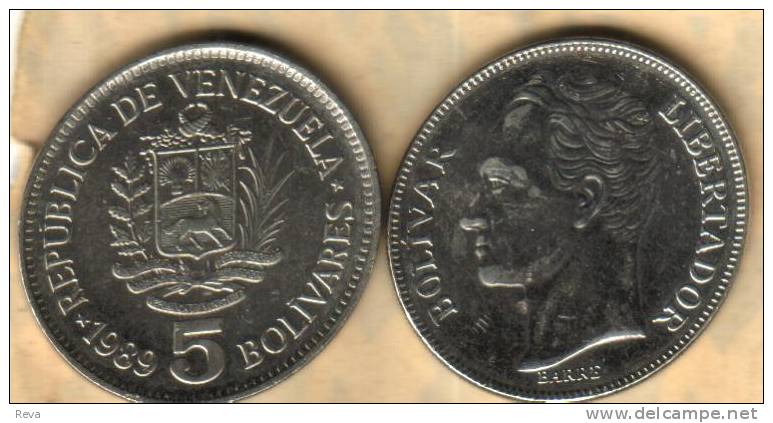 VENEZUELA 5 BOLIVARS EMBLEM ANIMAL FRONT BOLIVAR HEAD BACK 1989 VF  READ DESCRIPTION CAREFULLY !!! - Venezuela