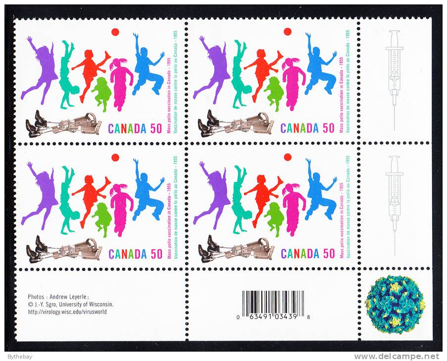 Canada MNH Scott #2120 Lower Right Plate Block 50c Polio Vaccination 50th Anniversary In Canada - With UPC Barcode - Plate Number & Inscriptions