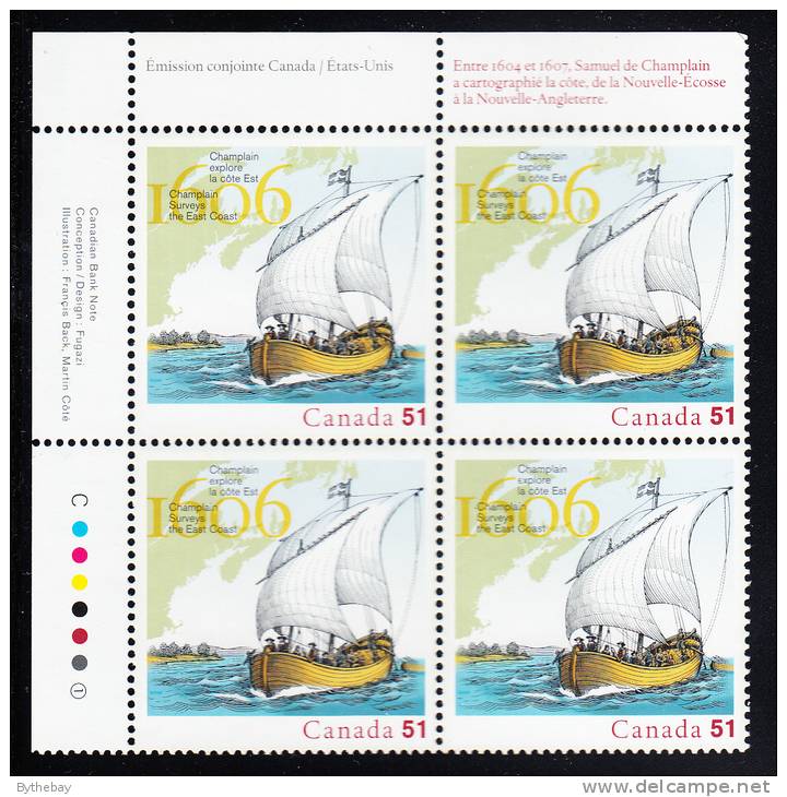 Canada MNH Scott #2155 Upper Left Plate Block 51c 400th Anniversary Champlain Mapping East Coast - Joint With USA - Plate Number & Inscriptions