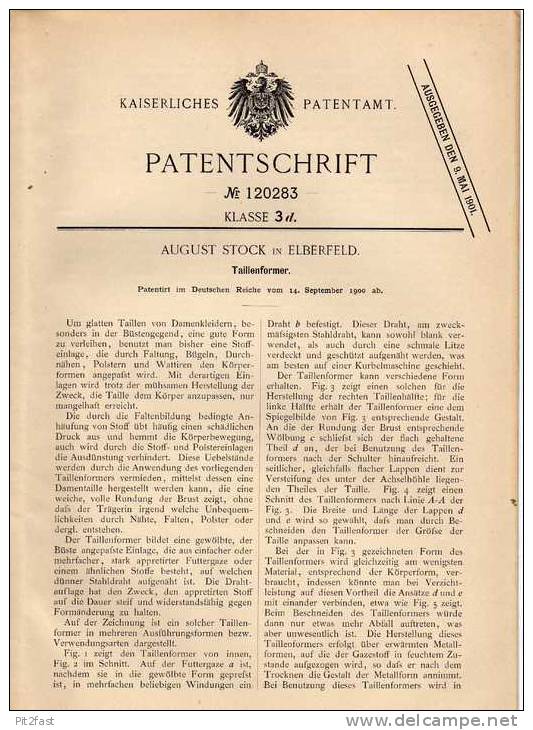 Original Patentschrift - A. Stock In Elberfeld , 1900 , Former Für Taille , Taillenformer , Wuppertal , Korsett , Corset - Vor 1900