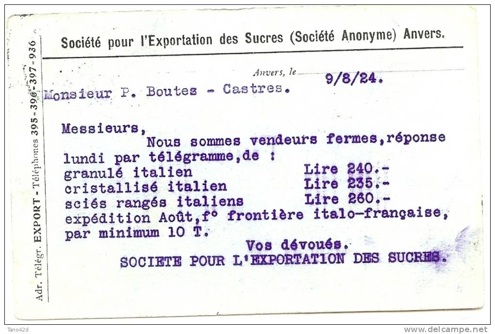 REF LBR34 - BELGIQUE - CARTE POSTALE COMMERCIALE "S.TE EXPORTATION SUCRES"  VOYAGEE ANVERS / CASTRES 1924 - Briefe U. Dokumente
