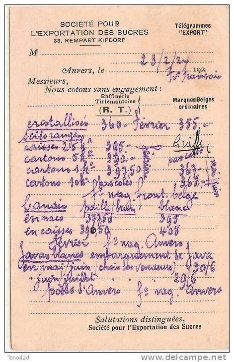 REF LBR34 - BELGIQUE - CARTE POSTALE COMMERCIALE "S.TE EXPORTATION SUCRES"  VOYAGEE ANVERS / CASTRES 1924 - Lettres & Documents