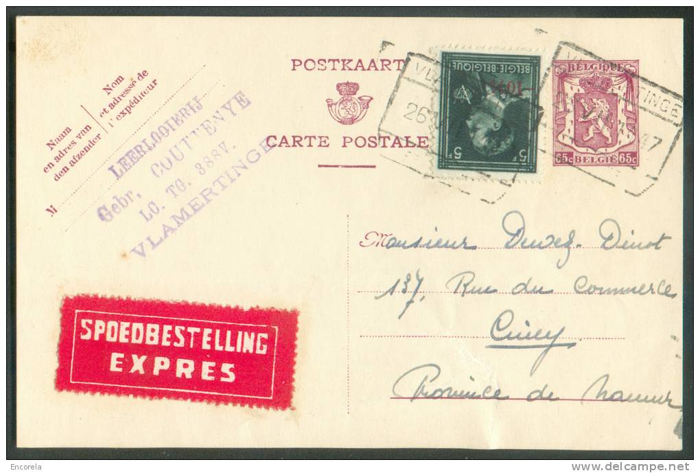 N°724T - 5Frs Léopold II Col Ouvert Surchargé -10% En Affracnhissement Complémentaire S/E.P. Carte 65 Centimes Lion, Obl - Cartes Postales 1934-1951