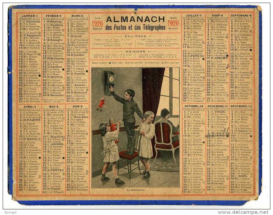 CALENDRIER - ALMANACH DES POSTES ET DES TELEGRAPHES 1920 - ENFANT - BALANCOIRE - HORLOGE - POUPEE - Tamaño Grande : 1901-20