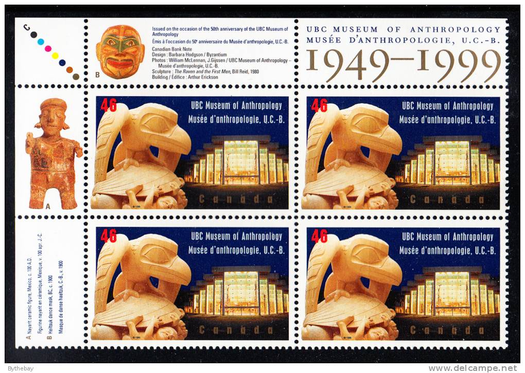 Canada MNH Scott#1778 Upper Left Plate Block 46c UBC Museum Of Anthropology - Plate Number & Inscriptions