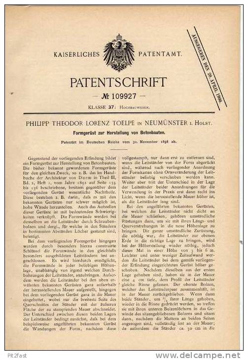 Original Patentschrift - P. Toelpe In Neumünster I. Holstein , 1898 , Formgerüst Für Betonbauten , Beton , Architekt !!! - Arquitectura