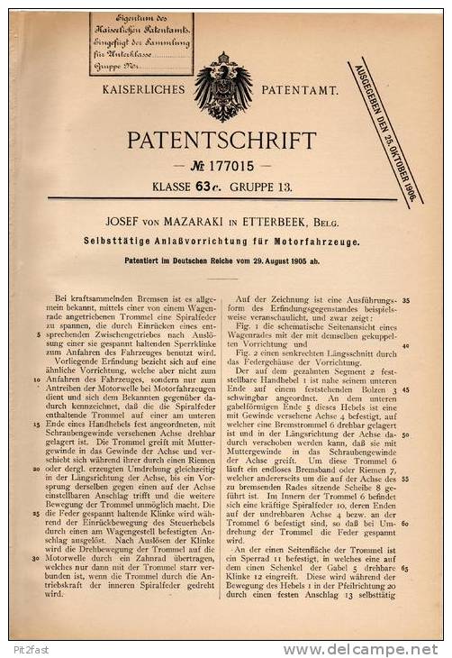 Original Patentschrift - J. Von Mazaraki In Etterbeek , 1905 , Anlasser Für Motorfahrzeuge , Automobile !!! - Motor Bikes