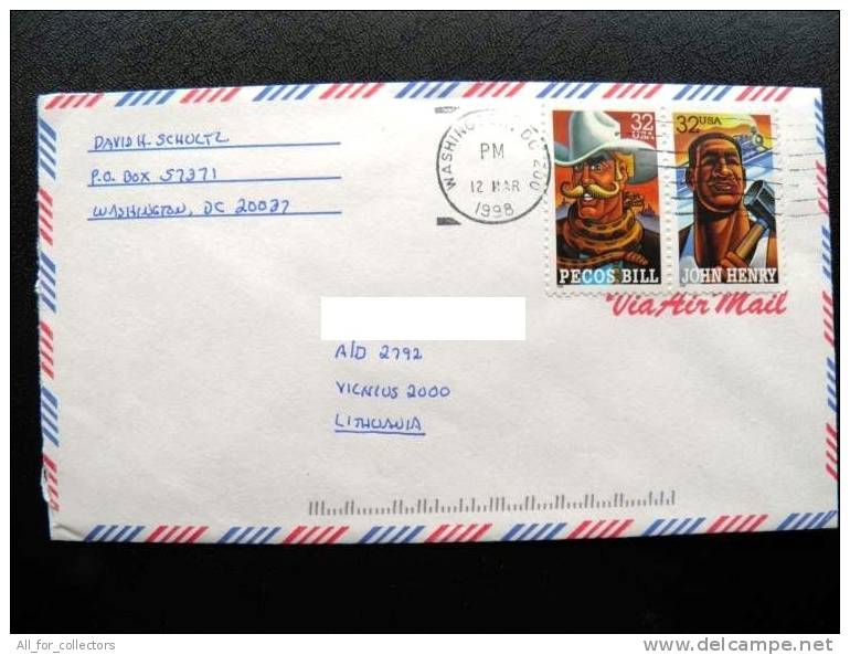 Cover Sent From USA To Lithuania, 1998 Pecos Bill John Henry Snake Train - Cartas & Documentos