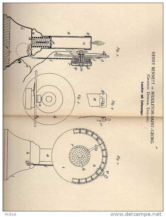 Original Patentschrift - H. Bennett In Middleton Saint Georg , 1891 , Leuchter Mit Uhr , Zeitanzeiger , Clock !!! - Autres & Non Classés