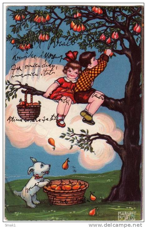 P BORISS MARGRET CHILDREN PICKING PEAR WITH A DOG Nr. 0382 OLD POSTCARD 1932. - Boriss, Margret