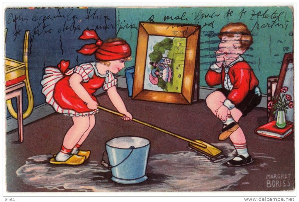 P BORISS MARGRET CHILDREN GIRL CLEANING A FLOOR Nr. 0381 OLD POSTCARD - Boriss, Margret