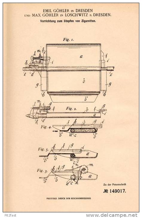 Original Patentschrift - M. Göhler In Loschwitz B. Dresden , 1903 , Stopfen Von Zigaretten , Zigarette !!! - Andere & Zonder Classificatie