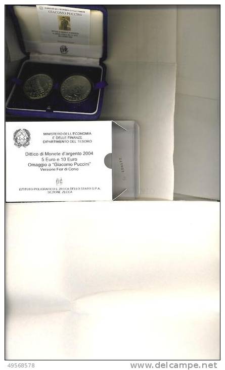 DITTICO DI MONETE D' ARGENTO VERSIONE FDC 2004 - 5 E 10 EURO - "OMAGGIO A GIACOMO PUCCINI - Gedenkmünzen