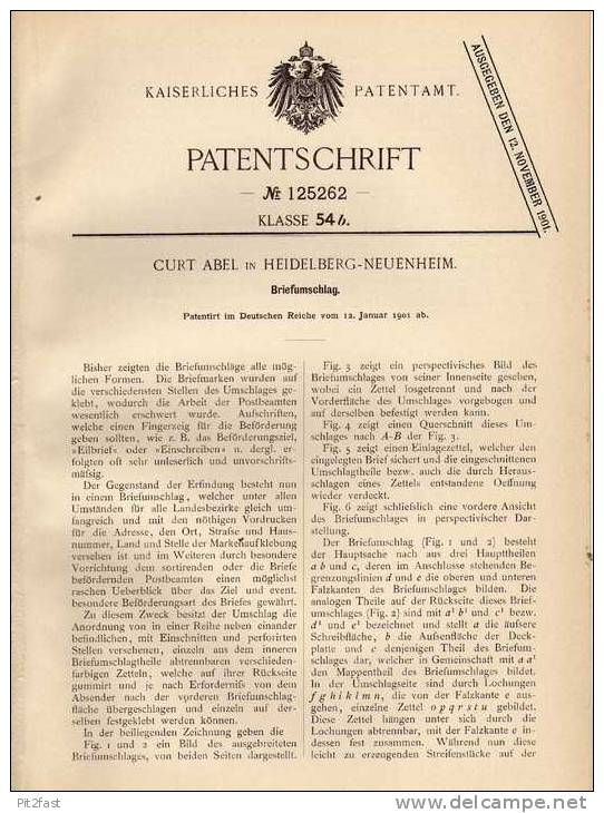 Original Patentschrift - Curt  Abel In Heidelberg - Neuenheim , 1901 , Briefumschlag !!! - Andere & Zonder Classificatie