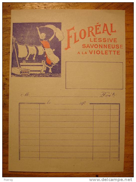 ANCIENNE FACTURE VIERGE - FLOREAL LESSIVE SAVONNEUSE A LA VIOLETTE - 192? - Femme Qui étend Son Linge - Chemist's (drugstore) & Perfumery