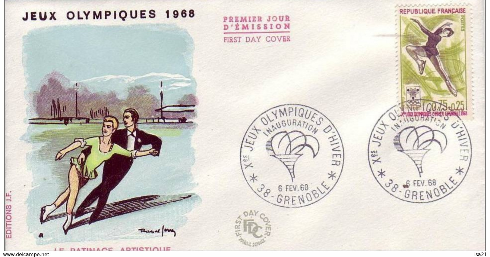 Premier Jour D'émission FDC Enveloppe JO GRENOBLE Le Patinage Artistique Couple 6 Fev 1968 - Winter 1968: Grenoble