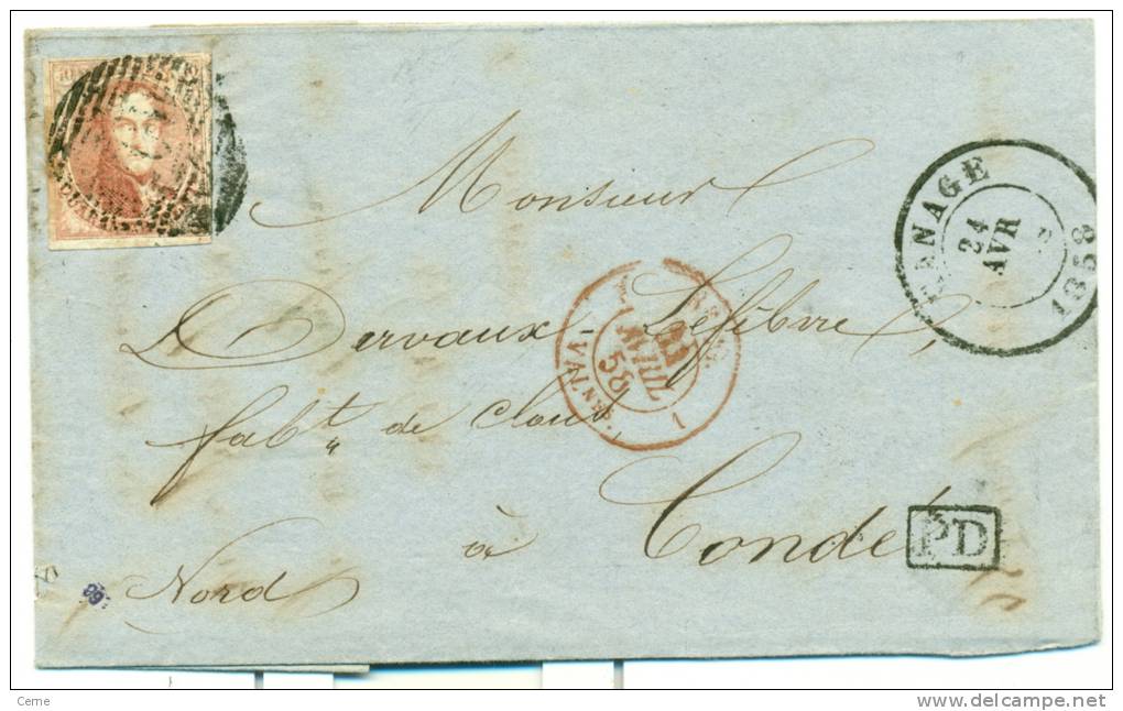 Belgique - No 8 Sur Lettre De Manage (P 107) Vers Condé ( Nord) Du 24/04/1858, BDF, 4 Marges, 1 Voisin, Luxe, See Scan - 1851-1857 Medallions (6/8)