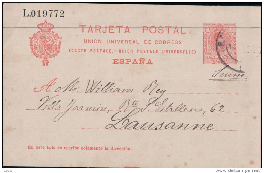 Entier Postal Espagne, Barcelona-Lausanne CH (19772) - 1850-1931