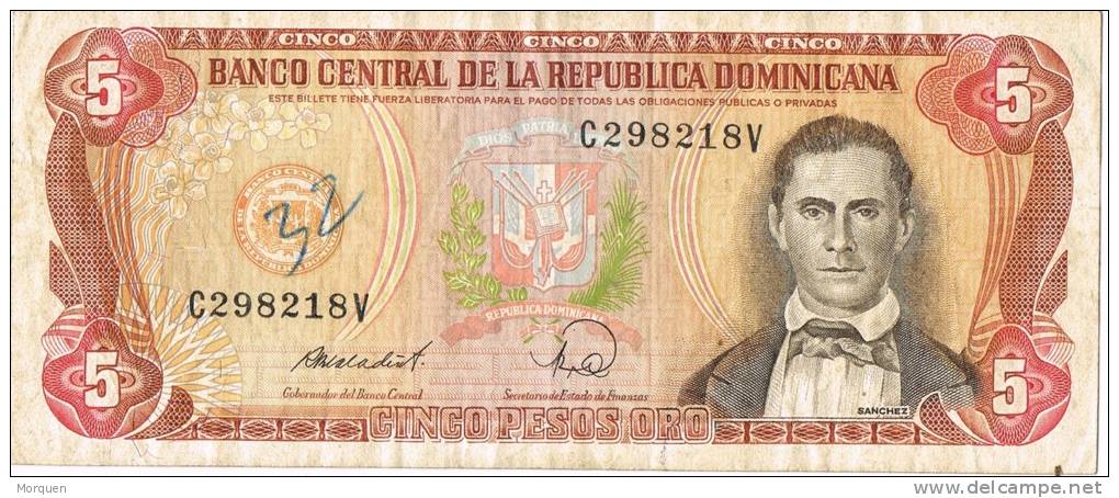 Billete De 5 Pesos Republica Dominicana. Sanchez Y Presa Hidoelectrica - Dominicaine