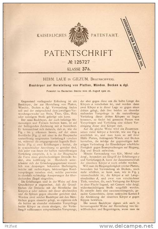 Original Patentschrift - H. Laue In Gilzum , Braunschweig , 1900 , Herstellung Von Platten , Wänden Und Decken , Bau !!! - Arquitectura