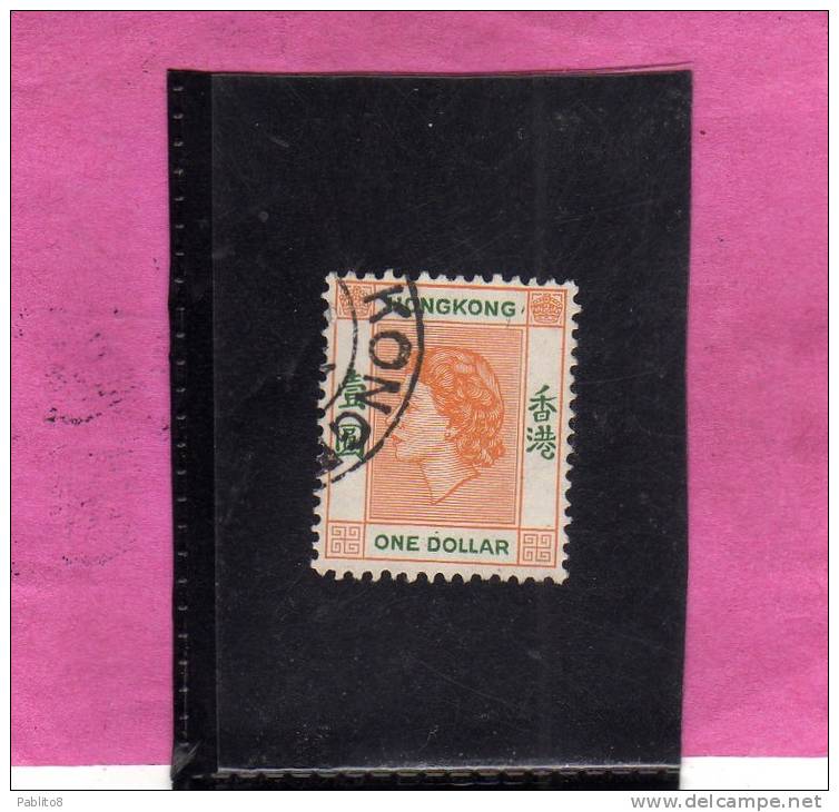 HONG KONG 1954 QUEEN ELIZABETH II REGINA ELISABETTA ONE DOLLAR 1$ USATO USED OBLITERE' - Used Stamps