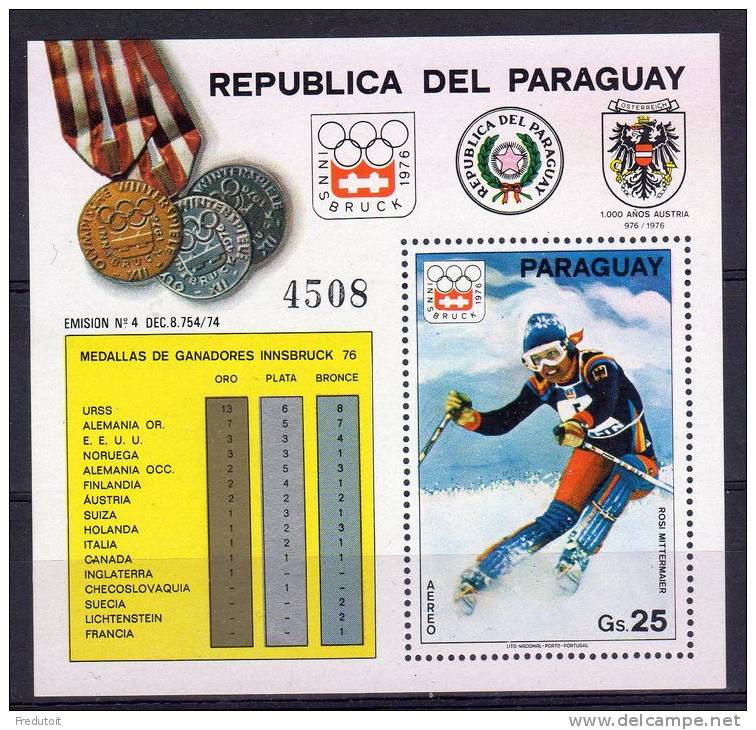 PARAGUAY - BLOC N° 277 **  - INNSBRUCK 76 - Inverno1976: Innsbruck