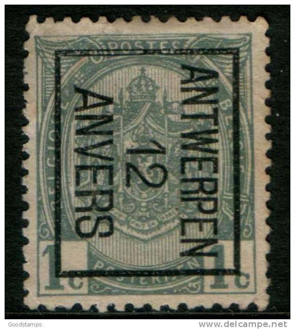 Belgium Coat Of Arms 1c 1907 Type , ANTWERPEN 12 ANVERS ,  Inverted Roller Precancel , No Gum - Roller Precancels 1900-09