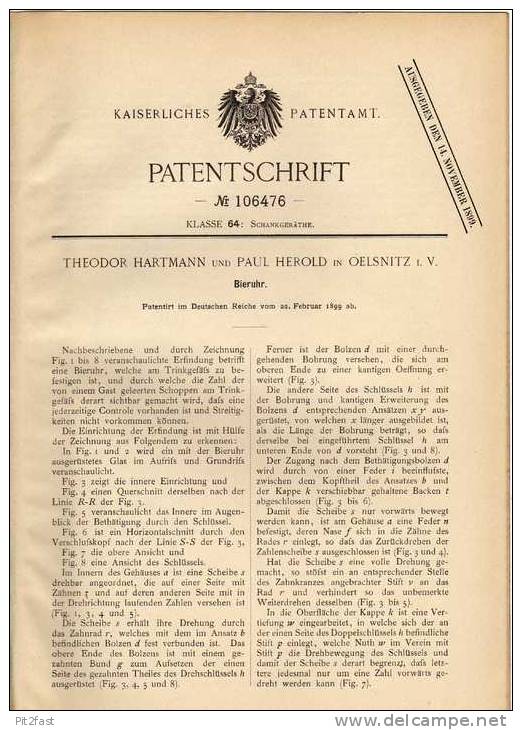 Original Patentschrift - P. Herold In Oelsnitz I.V., 1899 , Bieruhr , Uhr , Bier , Kneipe , Schänke !!! - Autres & Non Classés