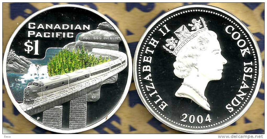 COOK ISLANDS $1 TRAIN CANADIAN PACIFIC FRONT QEII HEAD BACK 2004 PROOF 1Oz .999 SILVER READ DESCRIPTION CAREFULLY !!! - Cook