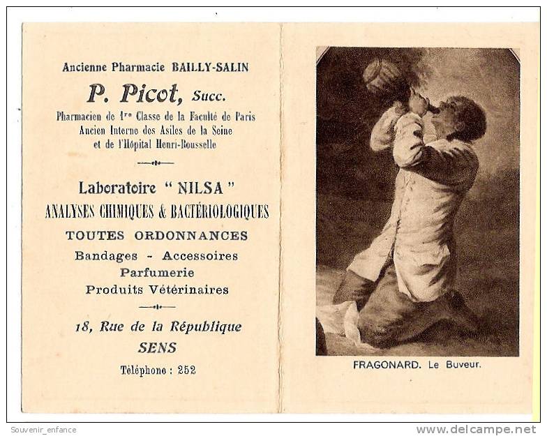 Calendrier 1930 Pharmacie Bailly Salin Picot 18 Rue De La République 89 Sens Fragonard Le Buveur - Kleinformat : 1921-40