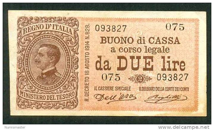 ITALIA , 2 LIRE 2.9.1914. DEL´ARA - RIGHETI - Italia – 2 Lire
