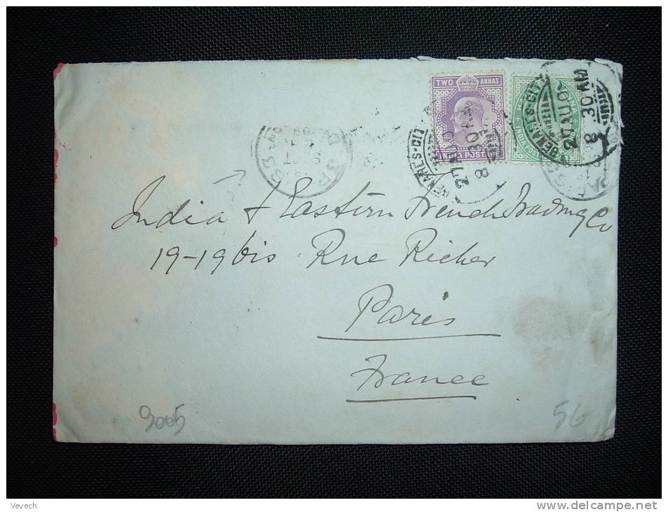 LETTRE POUR LA FRANCE TP 2 A +1/2 A OBL.27 AU 09 BENERES CITY + ARRIVEE OBL. MECANIQUE BD SEULS 3 PARIS 3 DISTRIBON - 1902-11 Roi Edouard VII