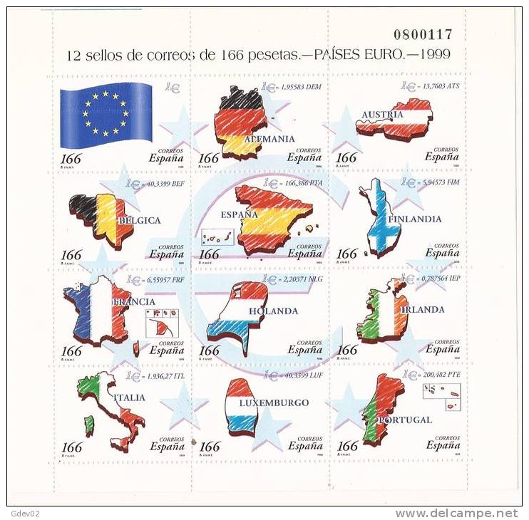 ESMP64-B051TCSC.España.Sp Ain.Espagne.Banderas.MINI PLIEGO  PAISES EURO.1999.(Ed. MP 63**) Sin Charnela.LUJO - Feuillets Souvenir